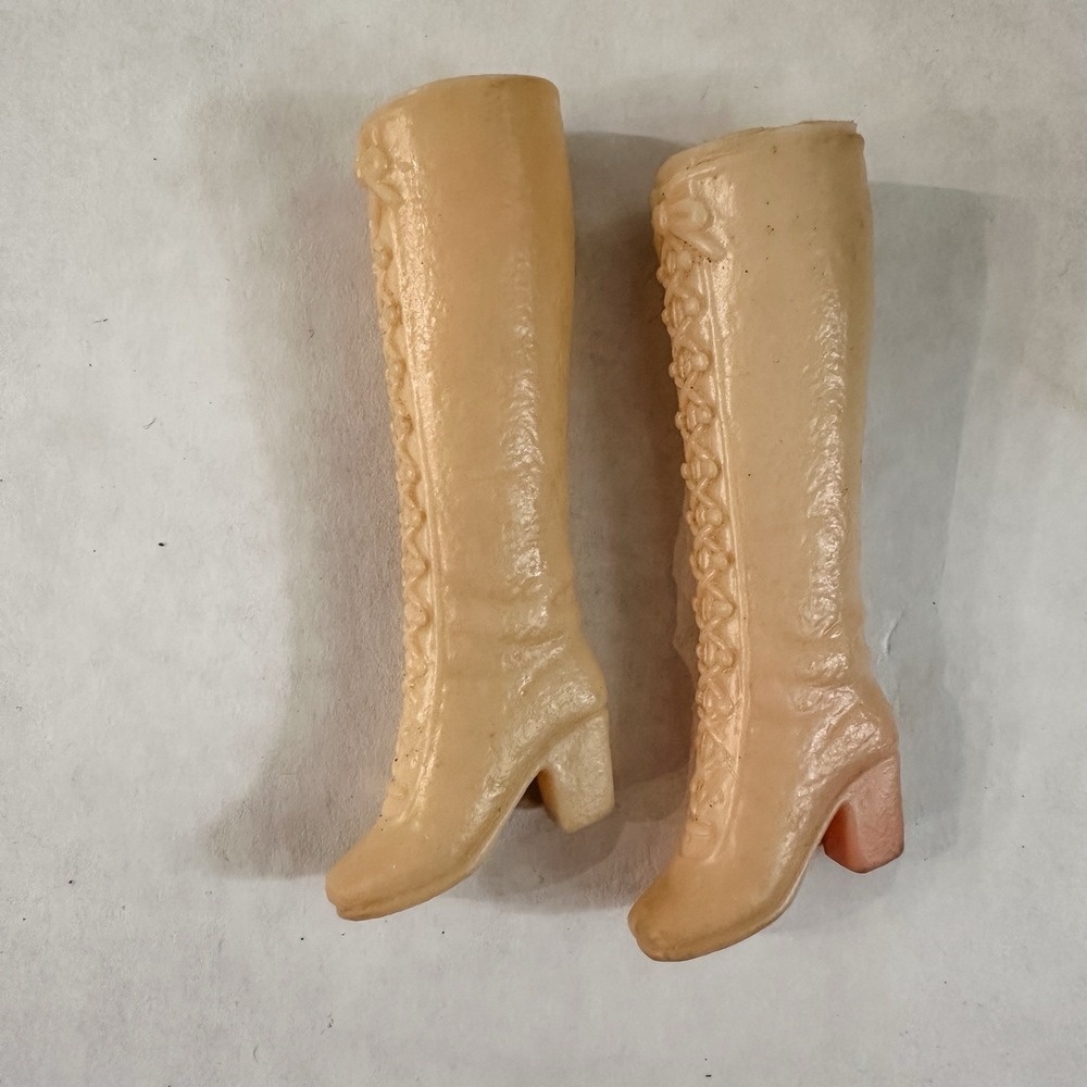 Vintage Barbie Lace Up Squishy Boots Beige Cream Korea 1970's‎